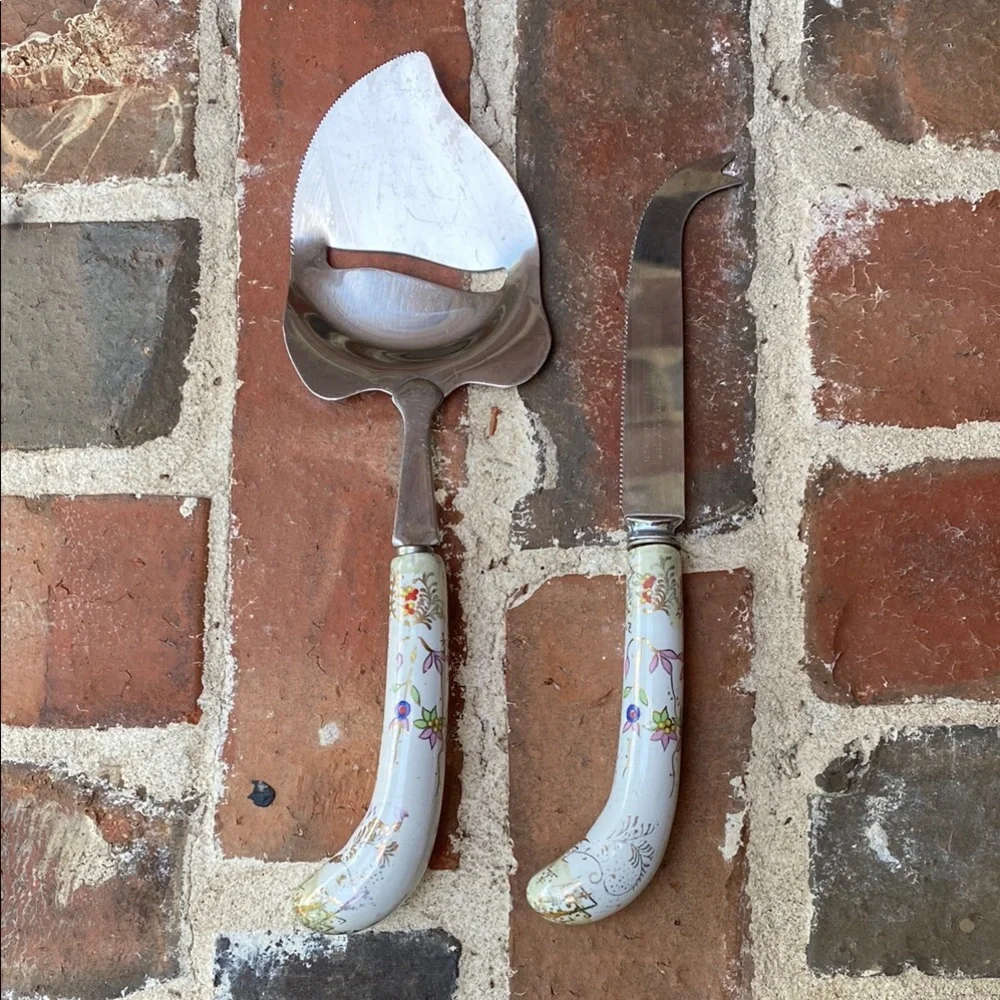 Sheffield England Cheese Slicer & Knife Set Floral Design Porcelain Handles